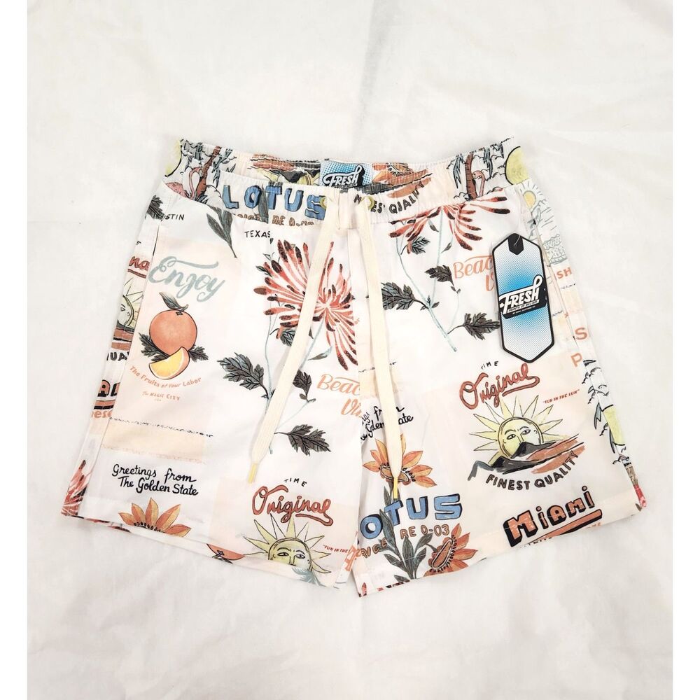 Fresh Prints of Bel-Air Mens Swim Trunks Small White Tropical Travel Print NWT